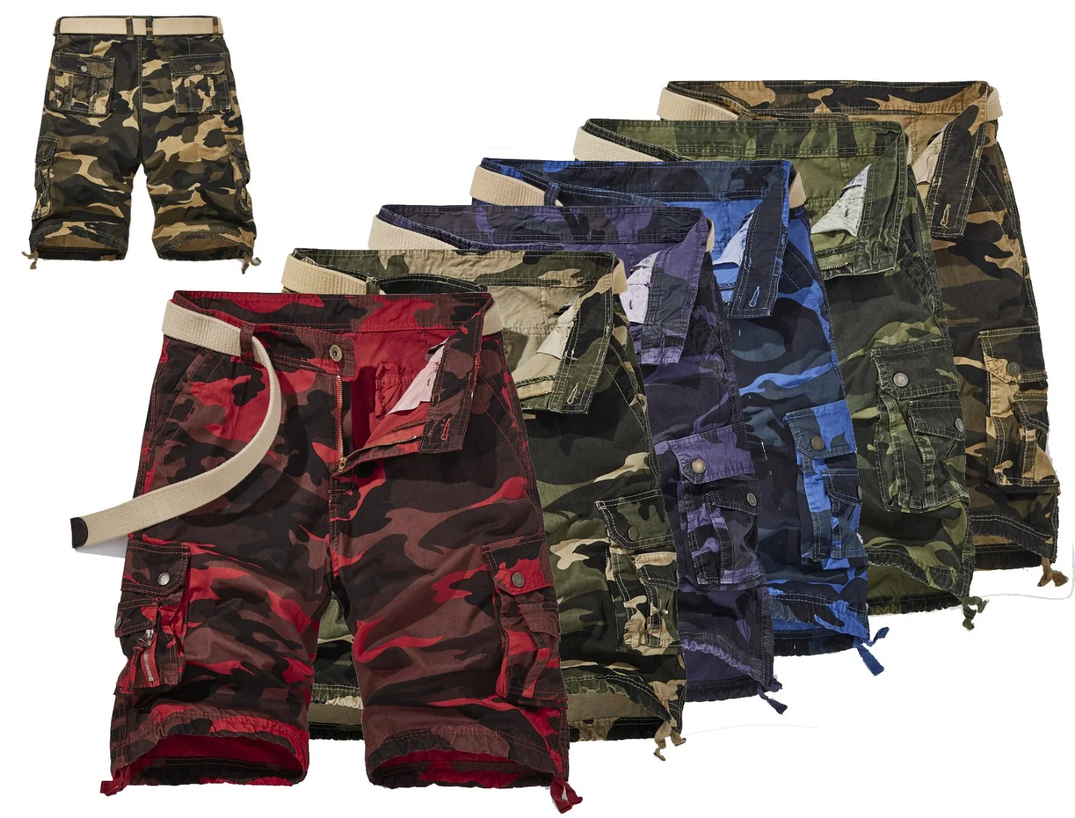 Huit poches Shorts cargo pour hommes en coton pur, coupe décontractée et motif camouflage