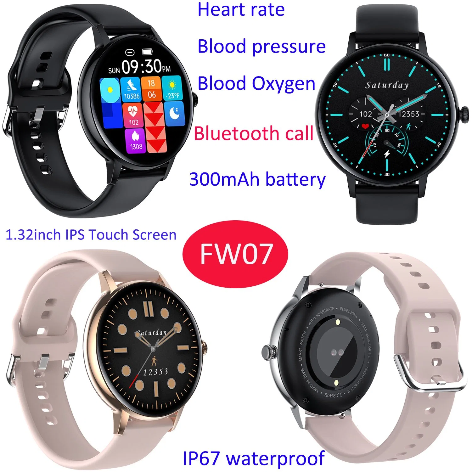 Music Control Bluetooth Phone call Round Screen Blood Pressure Monitor Fitness Tracker Smart Watch FW07