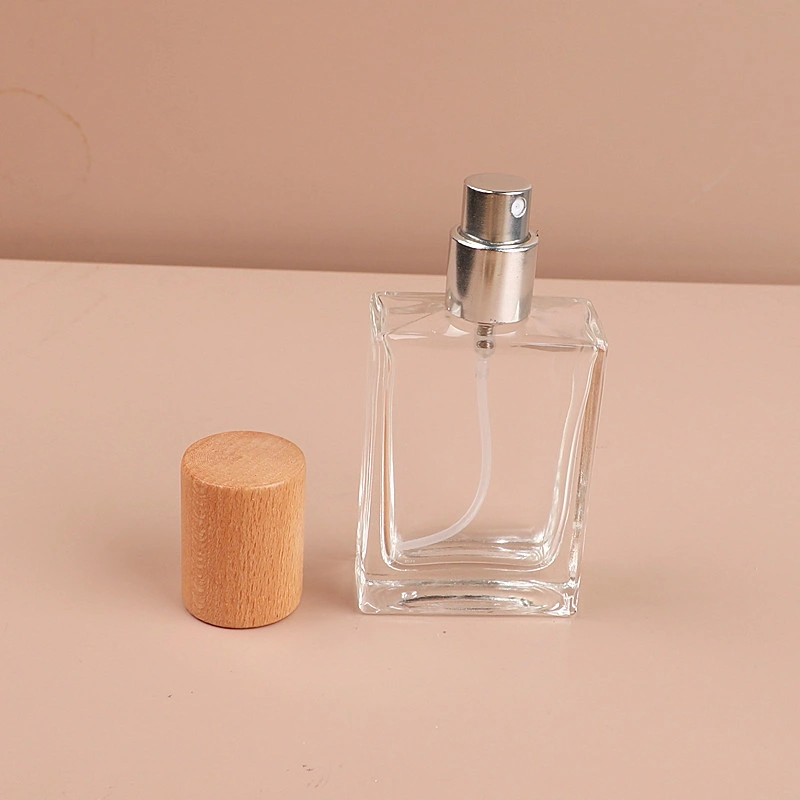 30ml Portable Clear Thick Glass Perfume Spray Bottle Cosmetics Container with Wooden Cap