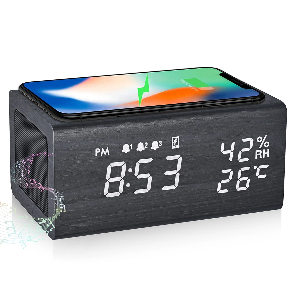 Multifunctional Luxury Business Gift Wood LED Alarm Clock with Phone Wireless Charger Bluetooth Speaker