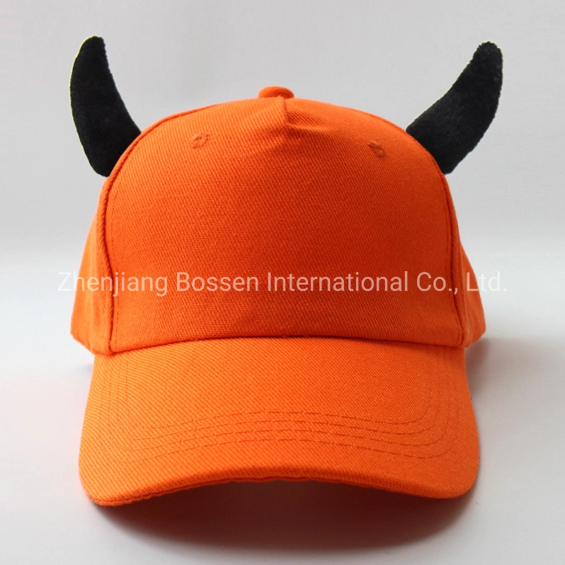 OEM Customized Logo Embroidered Black Cotton Baseball Hat Cap with Horns