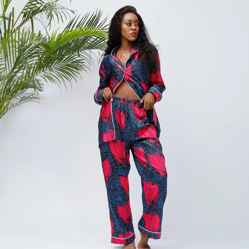 African Print Satin Fabric Fashion Sexy 2 Pieces Long Sleeve Pajamas Women Sleepwear