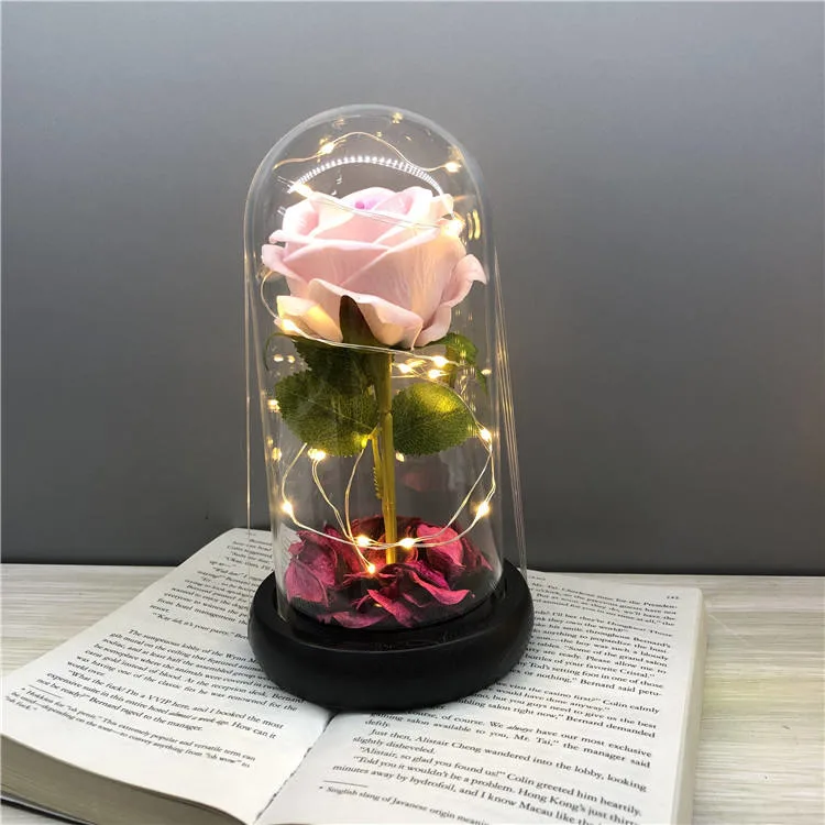 Haute qualité Cadeau Fleurs Rose Artificielle dans un Dôme en Verre avec Lumière LED Festival Fleurs Artificielles de la Saint-Valentin