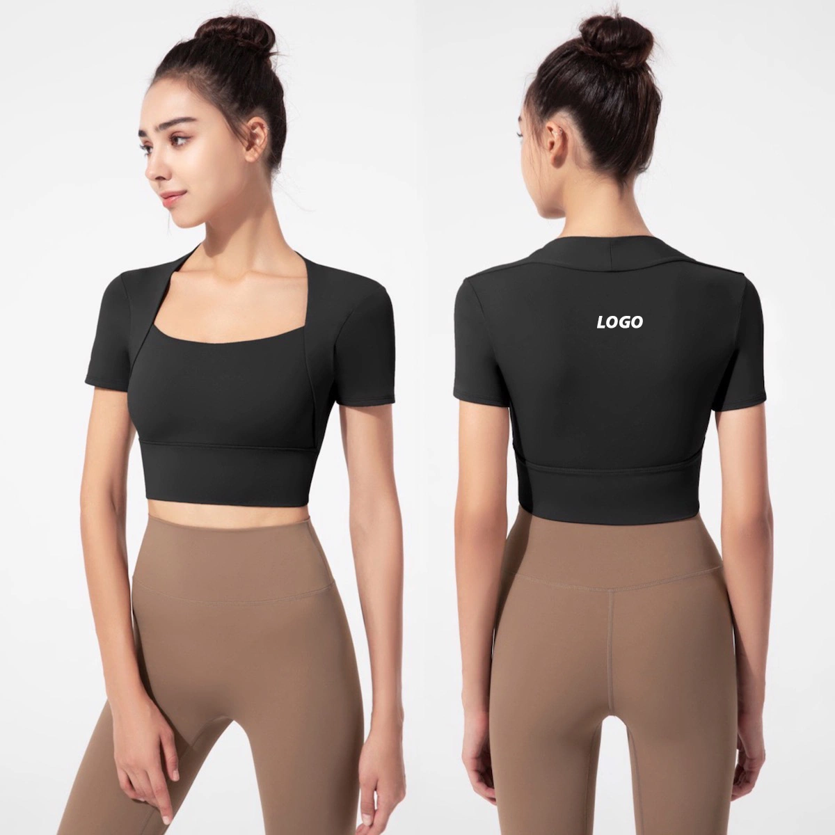 Stylish Square Neck Workout Tops Short Sleeve Crop Top Gym Shirts for Yoga Athletic with Built in Bra, Custom Design Ladies Pullover Yoga Apparel Manufacturer