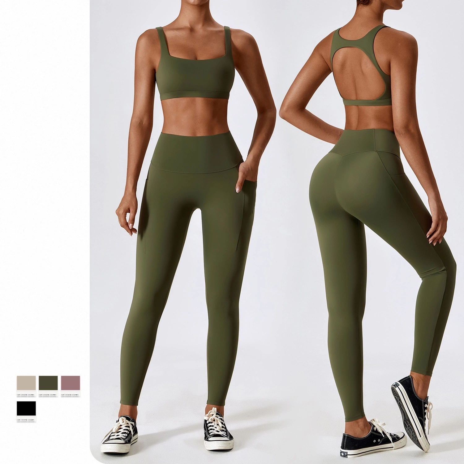 Nouveau design simple de vêtements de sport de luxe pour femmes, soutien-gorge de sport sexy à encolure en U et dos ouvert avec leggings de course taille haute, ensemble de vêtements de sport 3 pièces.