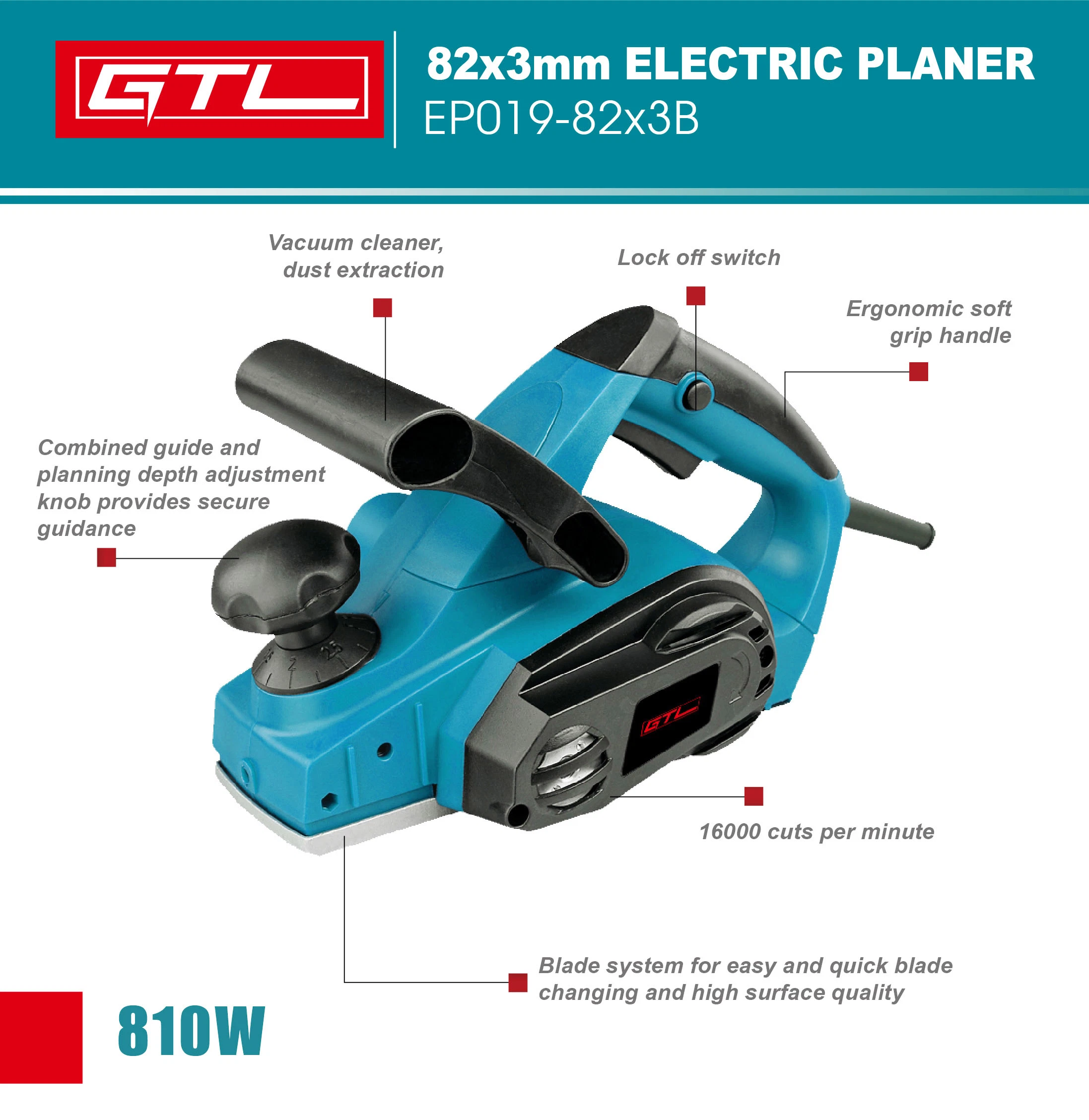 High Speed 810W Thickness Electric Wood Planer, Power Tools of Portable Electric Wood Planer (EP019-82X3B)