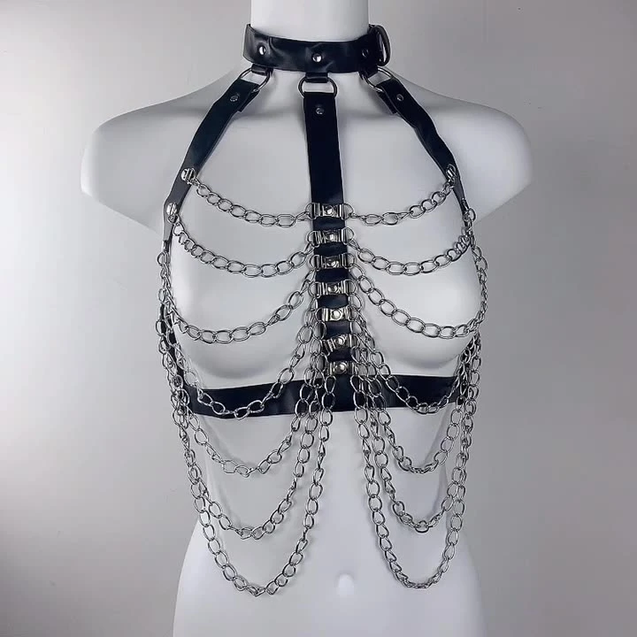 New Arrival PU Leather Link Chains Halter Crop Tops Sexy Women Bondage Belts Tank Tops