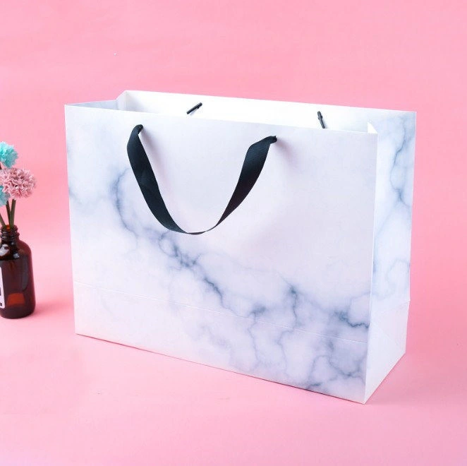 Custom 250g White Cardboard Paper Marble Pattern Hot Stamping UV Coated Printing Mall Shopping Paper Bag