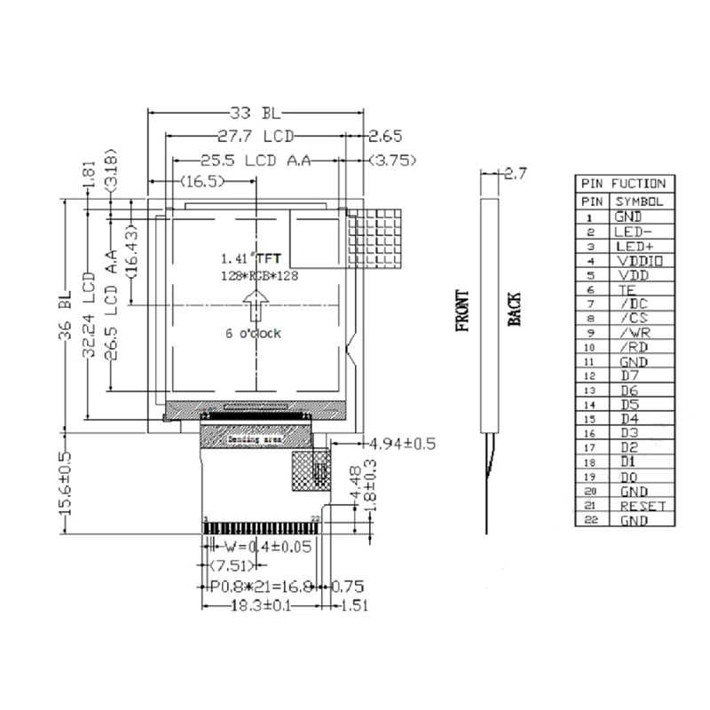 Ronen 1.44 Inch 128X128 22pin TFT LCD Display Module Screen Rg-T144hds-01