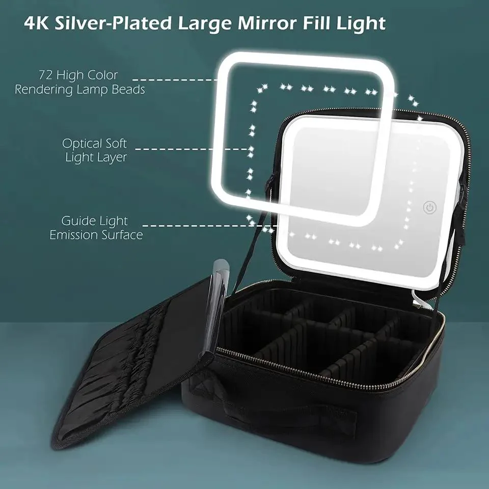 Los nuevos cosméticos de escritorio de gran capacidad de cuero resistente al agua la caja de almacenamiento portátil de viaje bolsa de maquillaje con espejo de luz LED