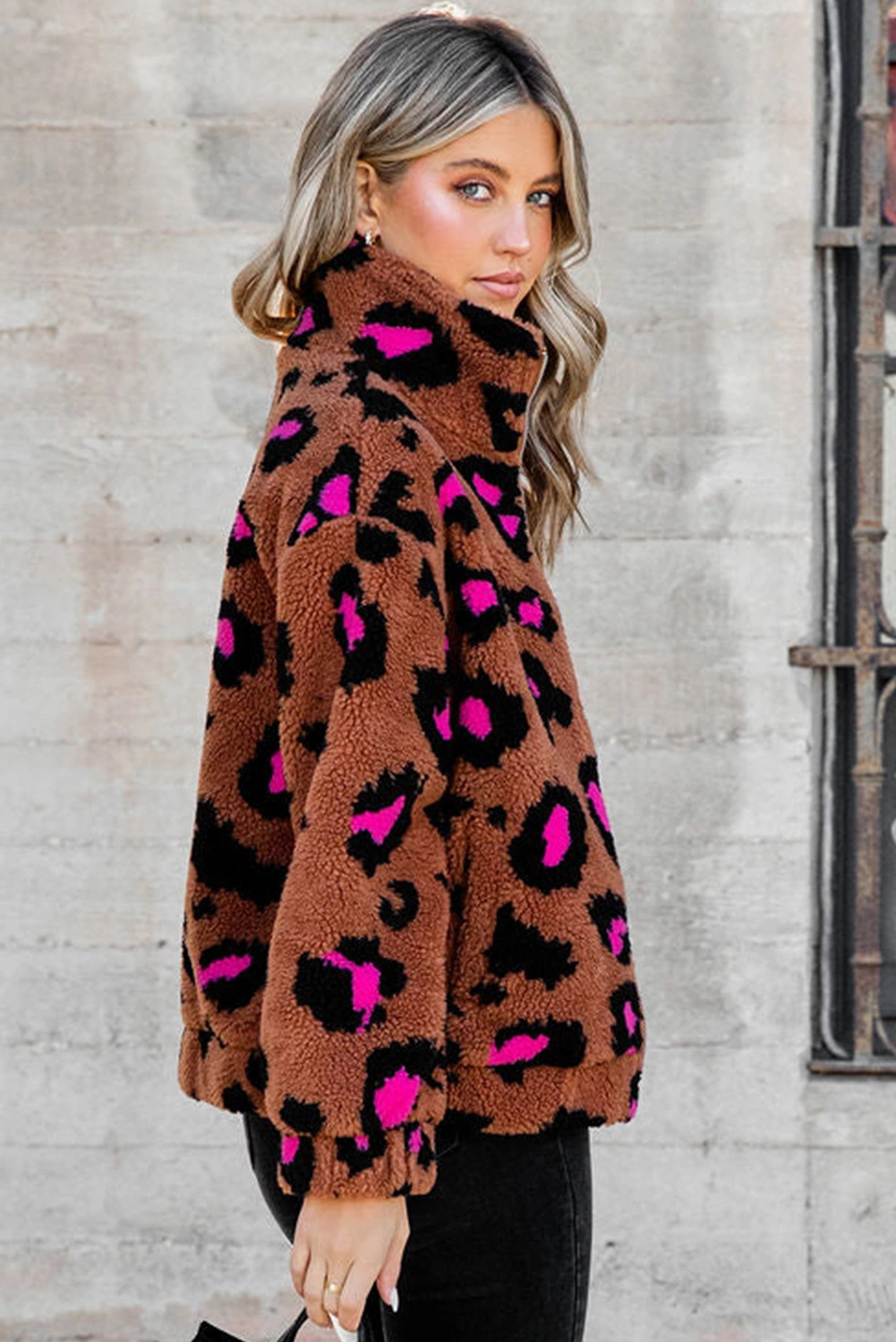 Ropa occidental de Estimado-Lover Abrigo de invierno personalizado cálido Leopard cremallera Up Stand Collar Ladies Outdoor Shacket Sherpa Teddy Women Fleece Chaqueta