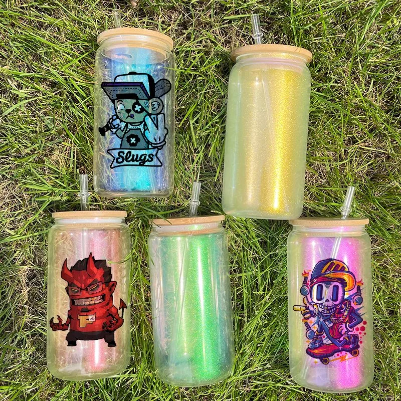 20oz Ombre Color Blank Sublimation Iridescent Rainbow Glitter Beer Glass Can Bamboo Lid and Straw