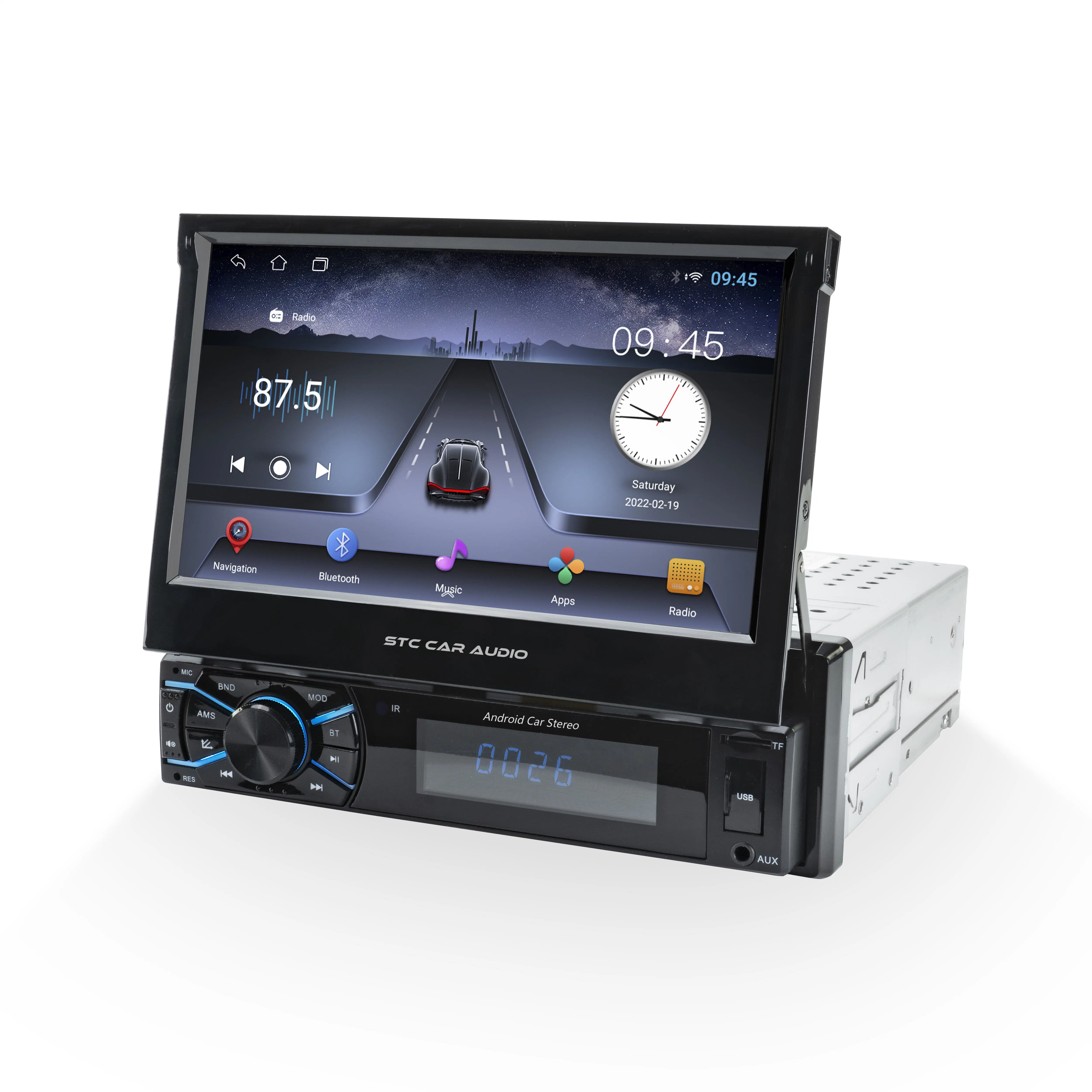 1 DIN Android 10 Autoradio Car Radio Stereo with 7" Retractable Screen GPS Navigation WiFi Bt Multimedia Player