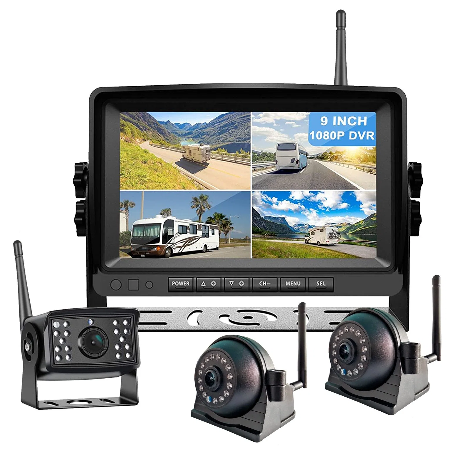 Digital Wireless 9" DVR Quad Monitor with 3X 1080P Wirelesss Backup Camera 12-36V for Trailer