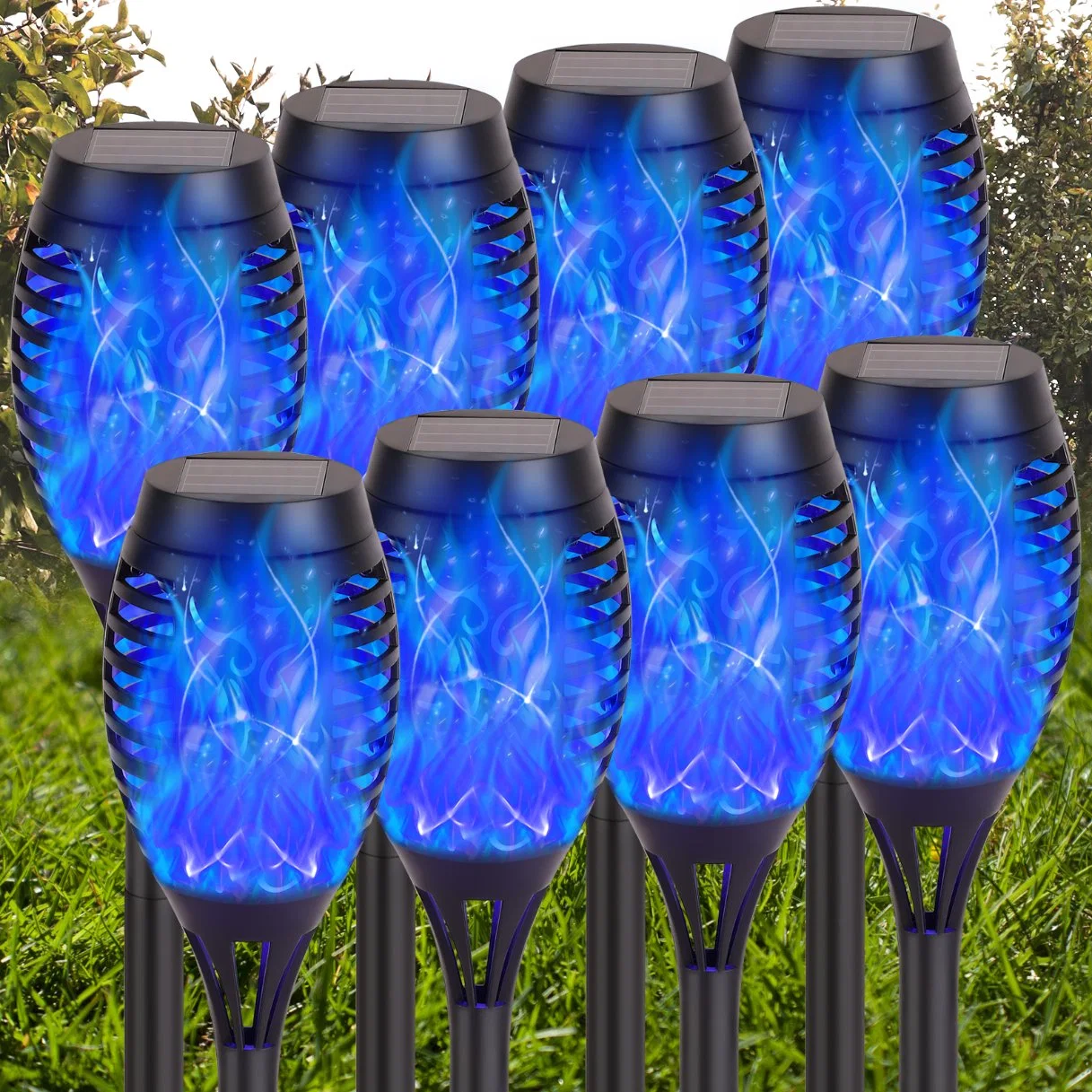 Zhongshan Großhandel Neueste Flackernde Flamme Fackel Lichter 8 Pack Bewegung Sensor Solar Beleuchtung Outdoor staubdicht winddichtem wasserdichten LED Solar Power Flammenlicht