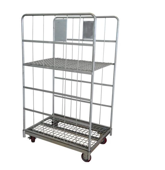 4 Side Roll Container Trolley Cage with Plastic Base and Shelves