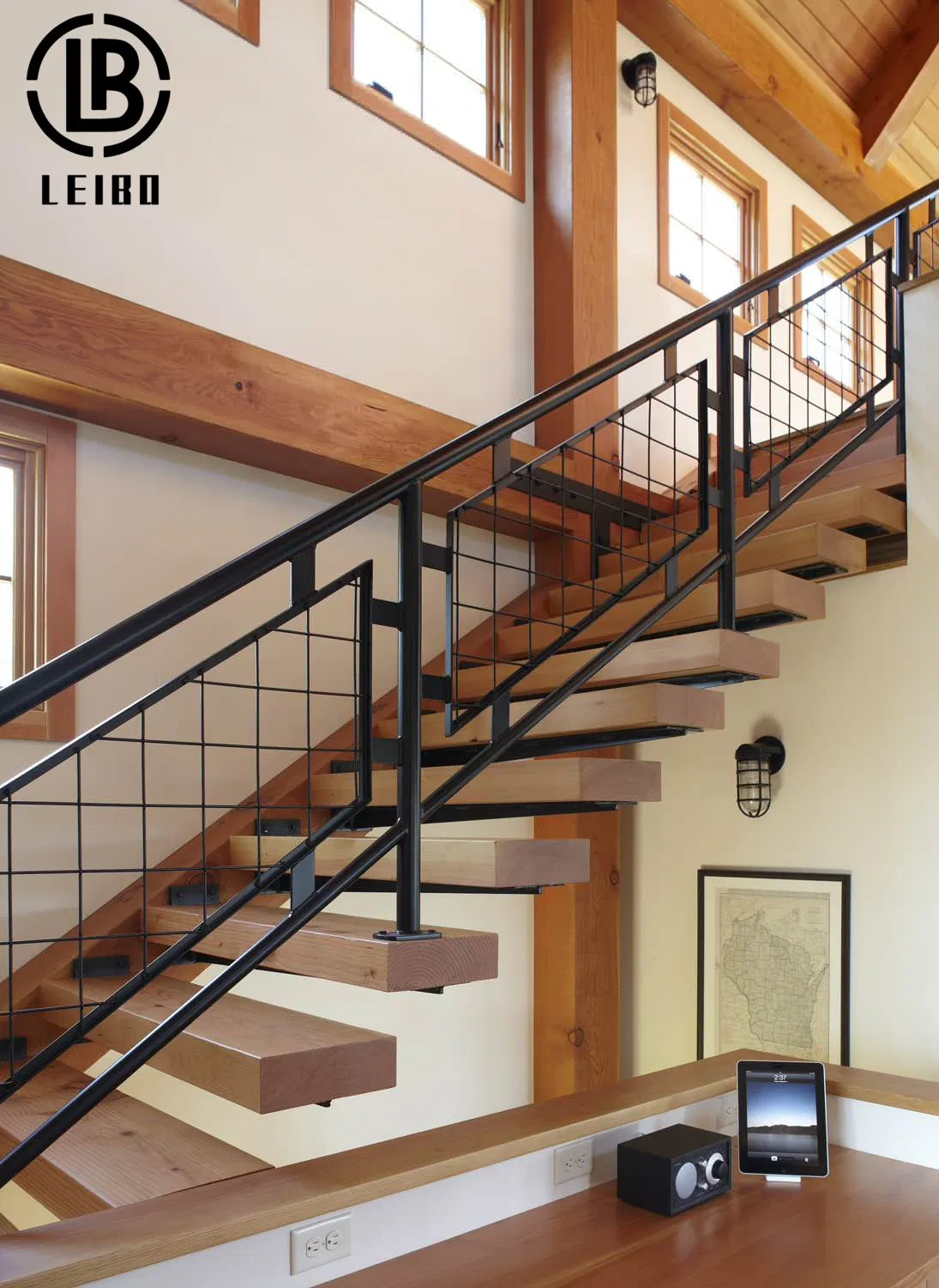 Indoor Steel Structure Support Straight Stairs with Timber Stairs Glass Balustrade Metal Staircase