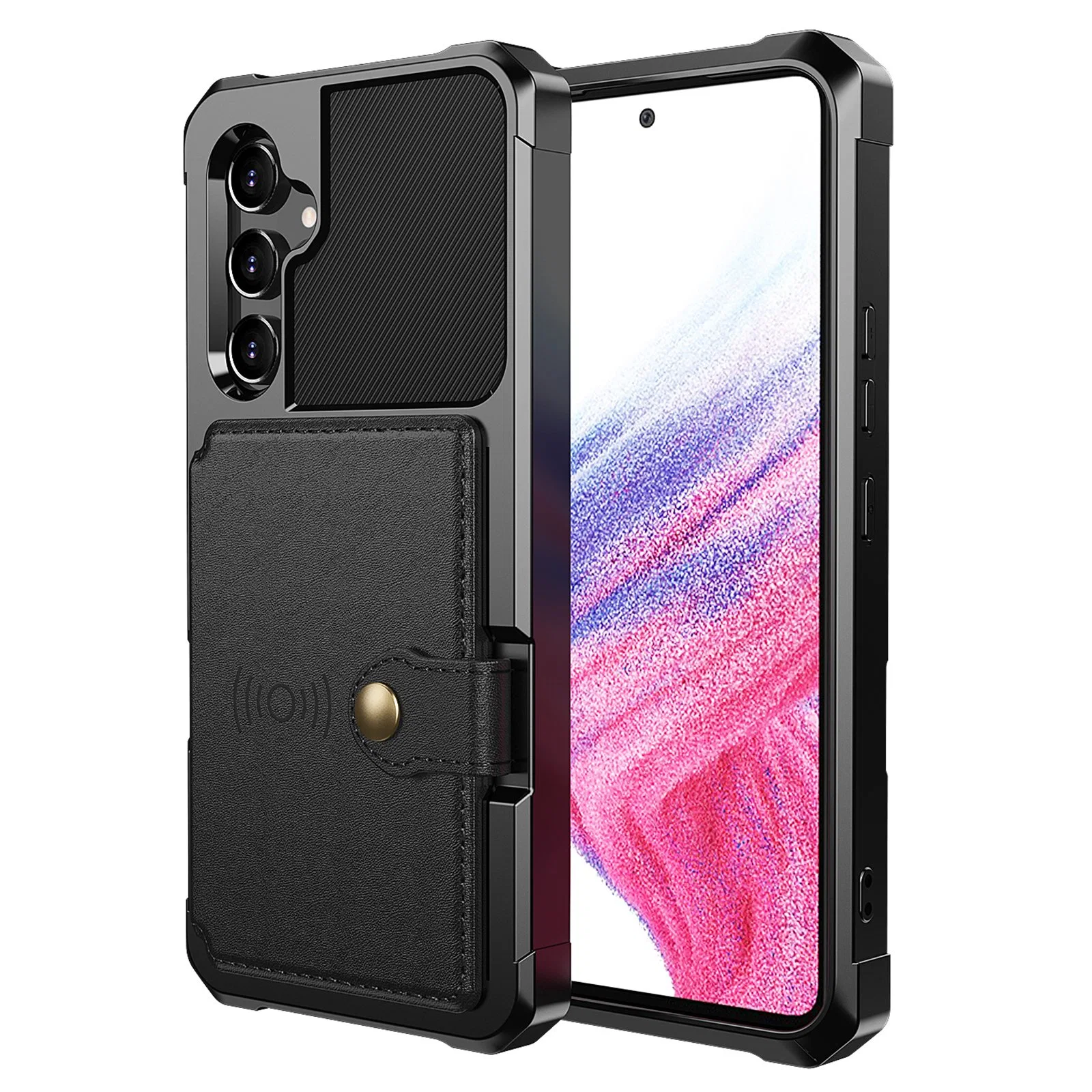 Zm03 for Samsung Galaxy A54 5g All-Round Shockproof PU Leather Coated TPU Case Card Holder Kickstand Phone Cover with Magnetic Metal Sheet - Black