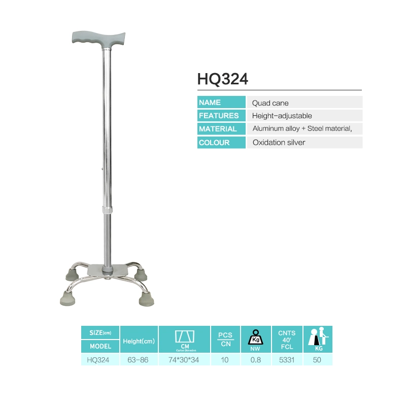 Hq324 Aluminum Adjustable Height Walker Folding Four Legs Walking Aids for Disabled Quad Cane