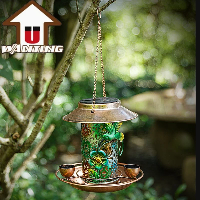 Garden Outdoor Hanging Bird Feeding Apparatus Metal Colorful Device with Solar Light