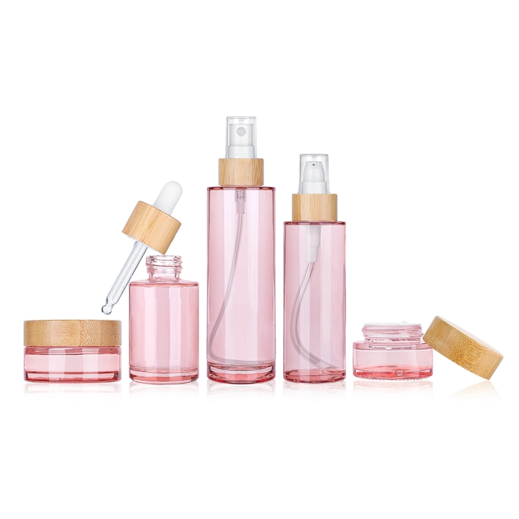 15g 30g 50g 30ml 60ml 100ml Pink Bamboo Wooden Skincare Cream Jar Spray Dropper Lotion Pump Glass Packaging Cosmetic Bottle Set