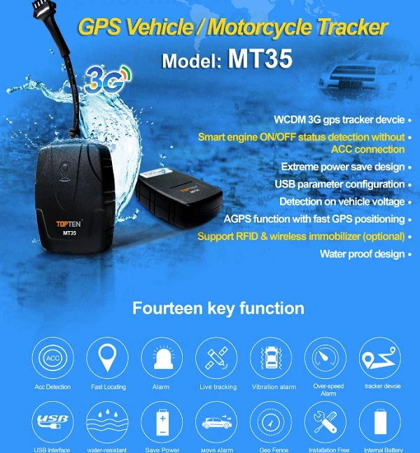 Smart Acc Detection Track 3G WCDMA GPS Soporte de Alarma para Automóvil Alarma de Exceso de Velocidad Mt35-Ez