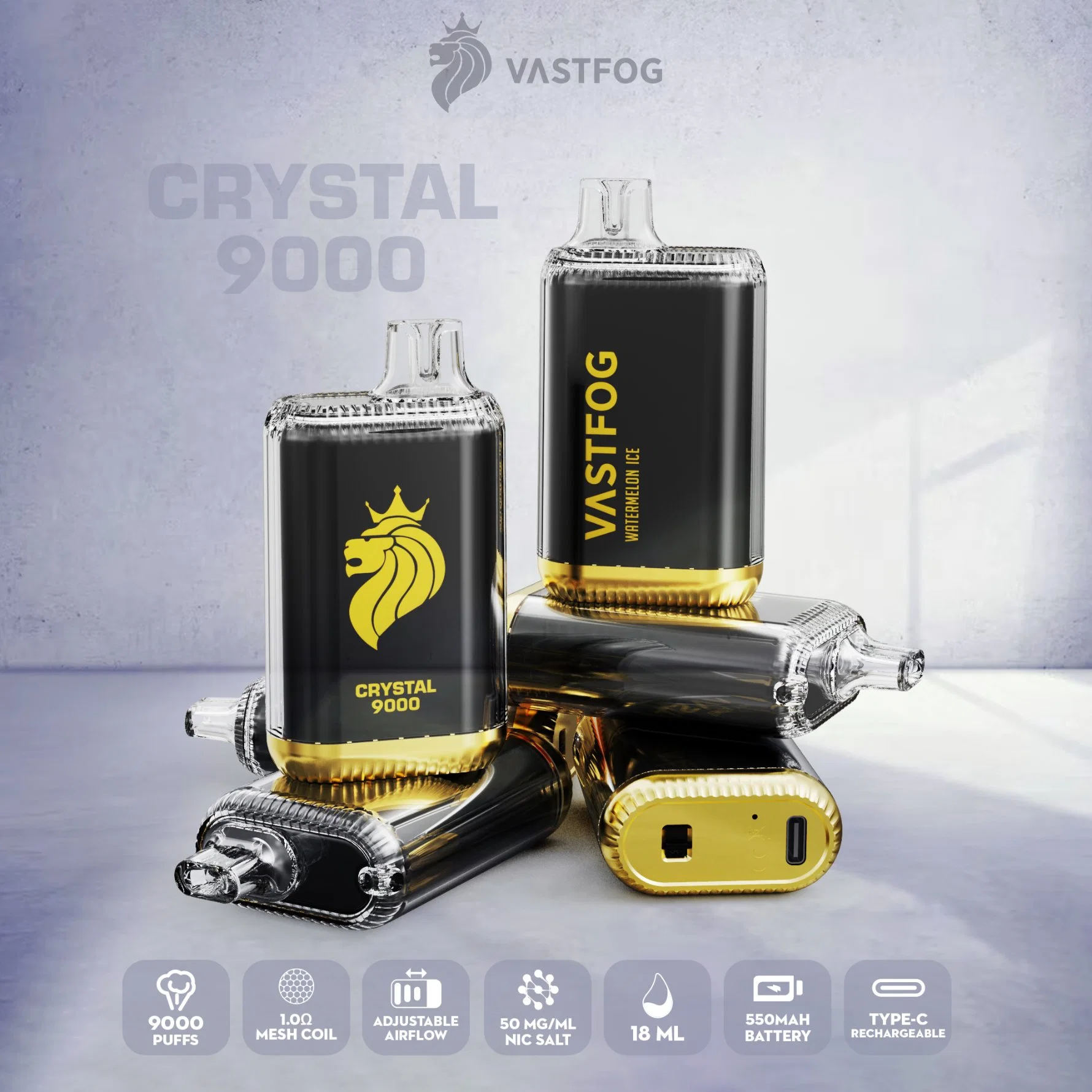 Vastbrug Crystal 9000puffs Vastfog cassette jetable avec débit d'air réglable 18 ml Stylo 550 mAh E cigarette