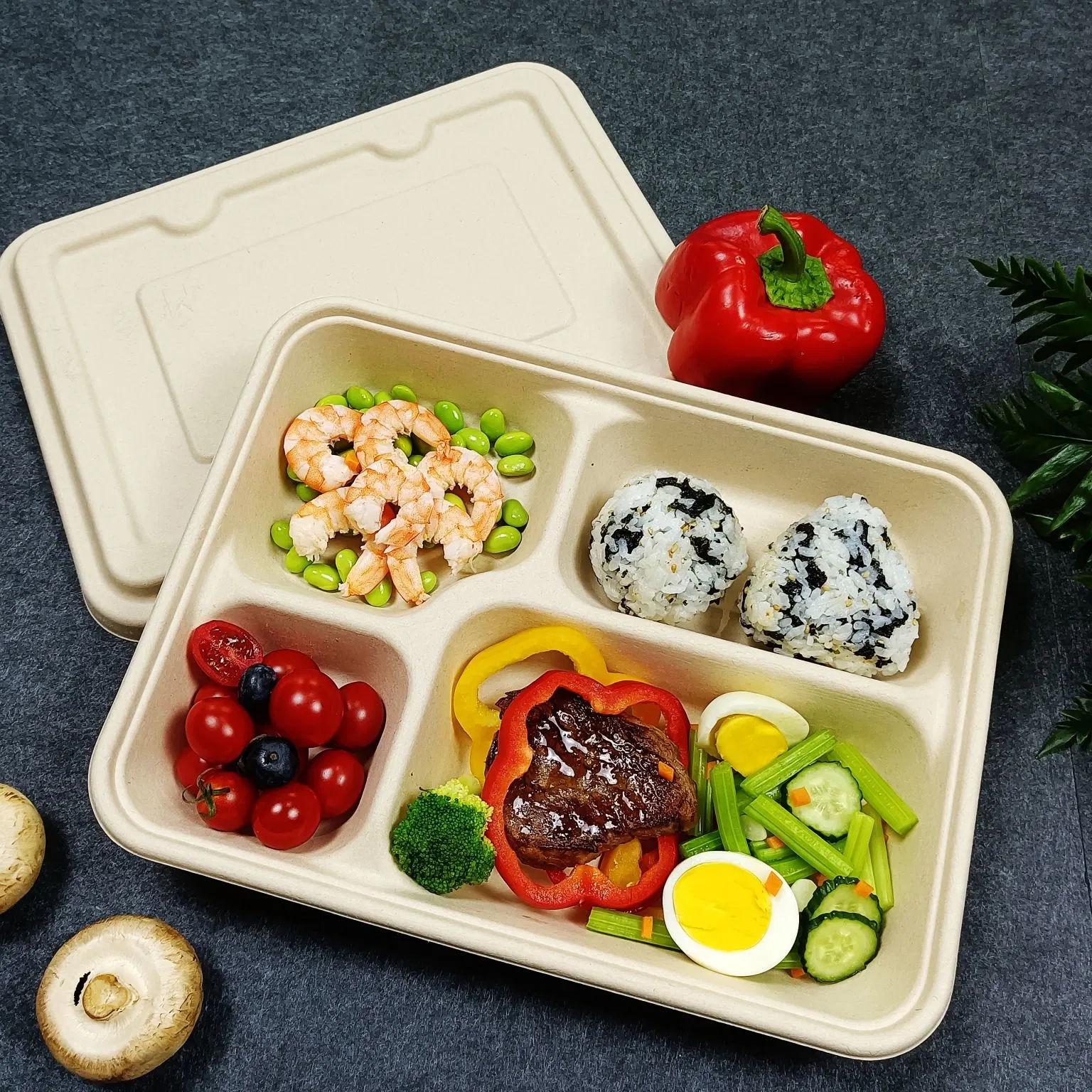 Biodegradable Takeaway Food Container Sugarcane Bagasse Disposable 4 Compartment Lunch Box with Lid