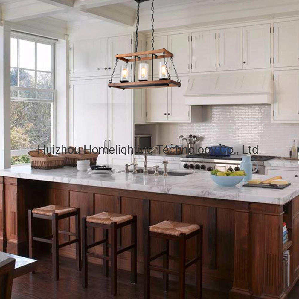 Jlc-3011 Vintage Kitchen Wood Metal Pendant Light with Seeded Glass Shade