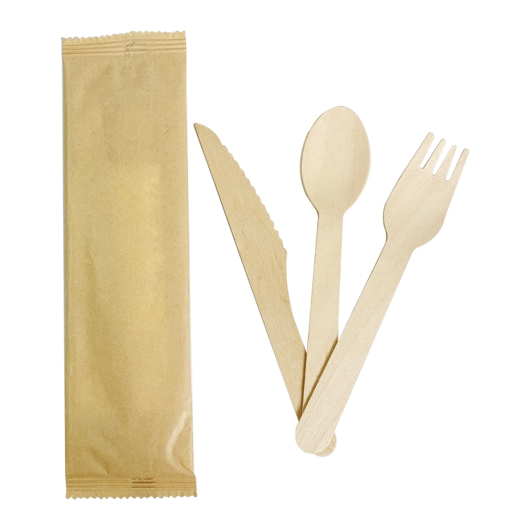 Disposable Wooden Cutlery Set Spoon Fork Knife Napkin 160mm