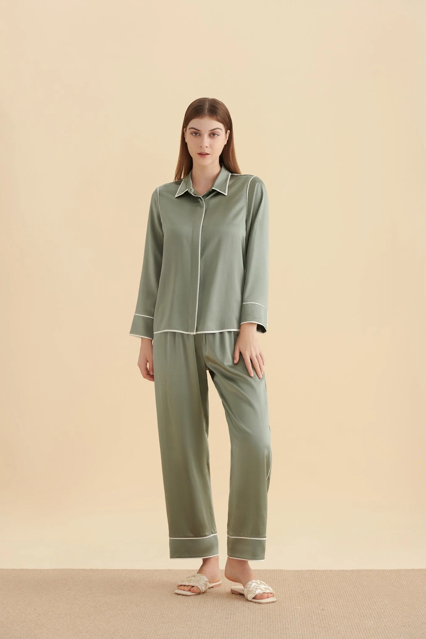 Custom Satin Sleep Wear 100% Pure Silk Pyjamas Set Women Silk Pajamas with Long Sleeves and Long Pants