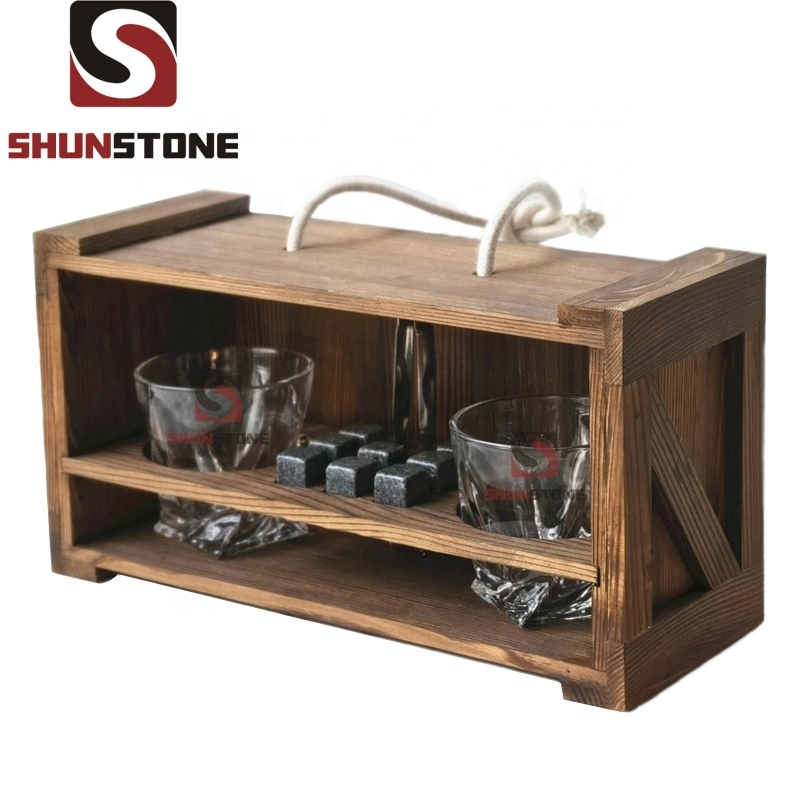 Personalised Wooden Gift Box Set Grey Basalt Whisky Chilling Ice Cube Stones with Old Fashion Crystal Whiskey Glasses