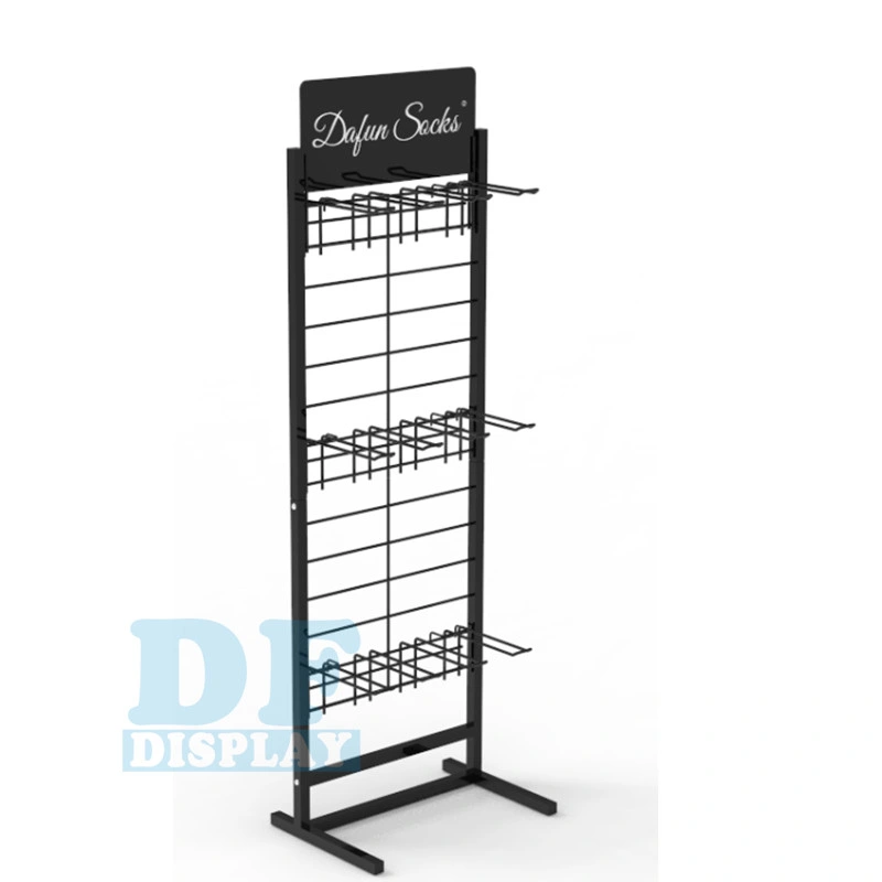 Metal Display Free Standing Rack Sock Display Rack Stand Wire Net Grid Floor Rack with Hook