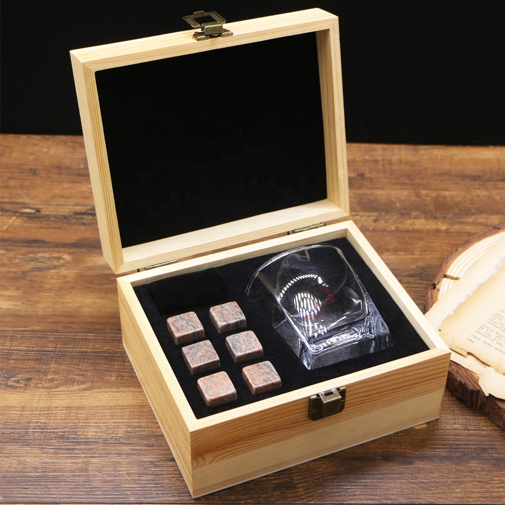 6 Whiskey Stones Gift Set with Velvet Bag and Glass with Customized Logo on The Pine Wood Gift Box