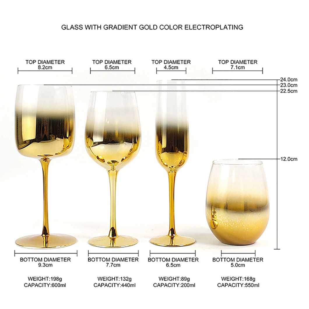 Hot Sale Hand Made Soda Lime Luxury Reusable Wine Glassware Set with Gradient Gold Color Electroplating