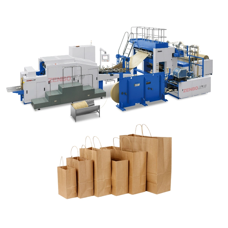 Maker Folder Flat Bottom Food Kraft Shopping Paper Bag Making Machine with Handle in Line