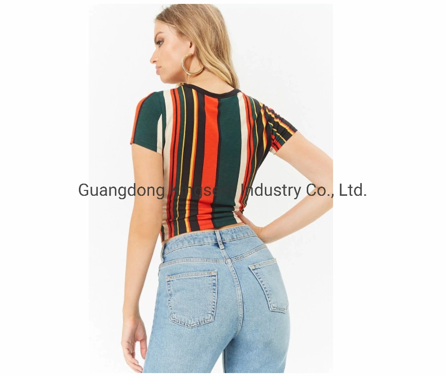 New Fashion Colorful Rainbow Stripe Polyster Round Neck Short Sleeves Women's T Shirt Apparel