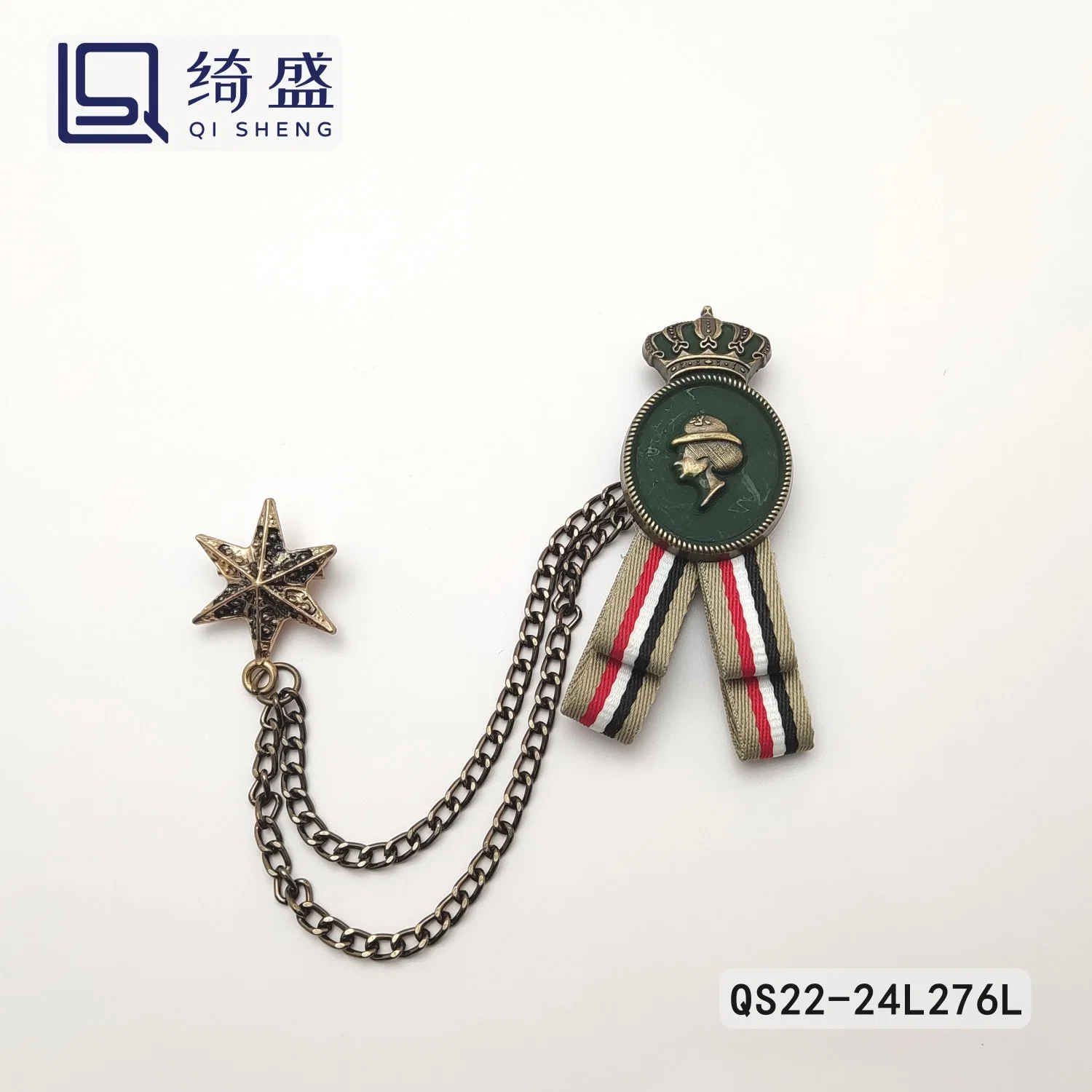 High Quality New Design Webbing Metal Brooch with Chain/Retro Star Style Brooch