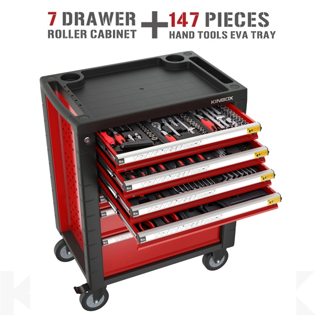 Kinbox 7 Drawer CNC Tool Box Trolley with 147 PCS Hand Tool Set for Repair