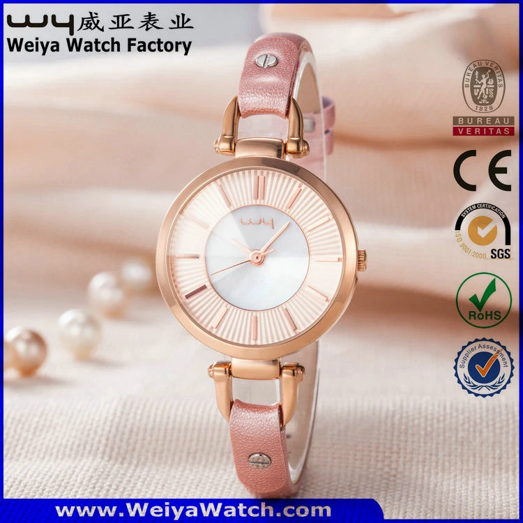 Factory OEM/ODM Leather Strap Quartz Ladies Wrist Watch (Wy-063C)