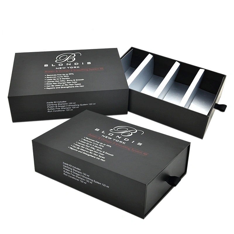 High Quality 4 Bottle Magnetic Wine Glass Soft Touch Matte Black Packaging Paper Gift Drawer Box with Dividers