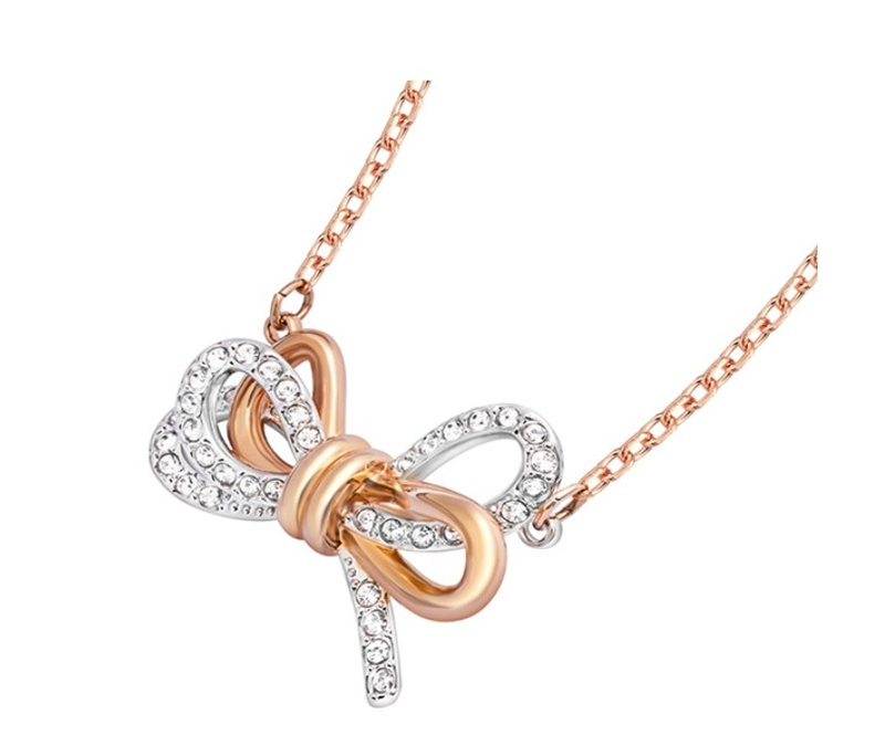 European American Fashion Jewellery Rose Gold Silver Jewelry Two-Tone Bow Crystal Short Clavicle Chain Gift Thin Chain Necklace for Women