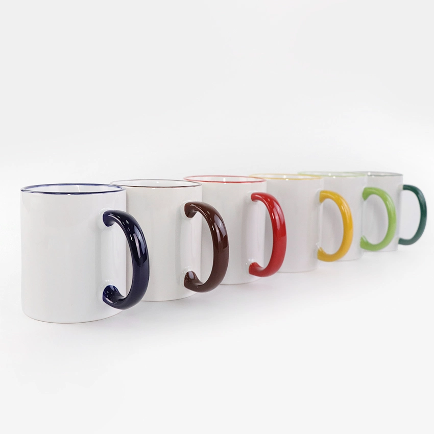 11oz Sublimation Heat Transfer Printing Ceramic Mugs with Rim Color Handle