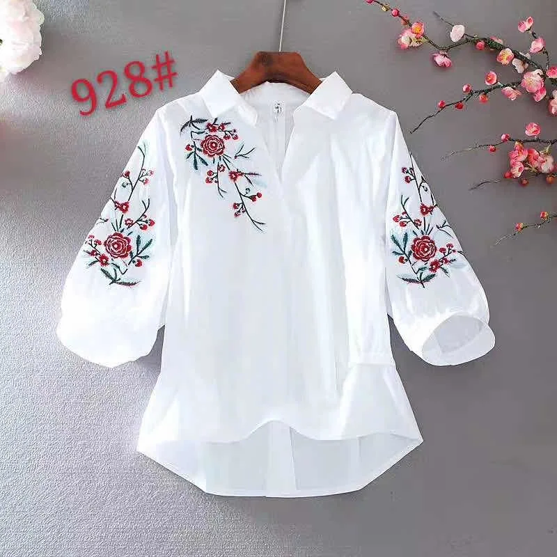 Lässig mit Blume Patten Baumwolle 3/4 Ärmel Fashion Shirt von Damenbekleidung