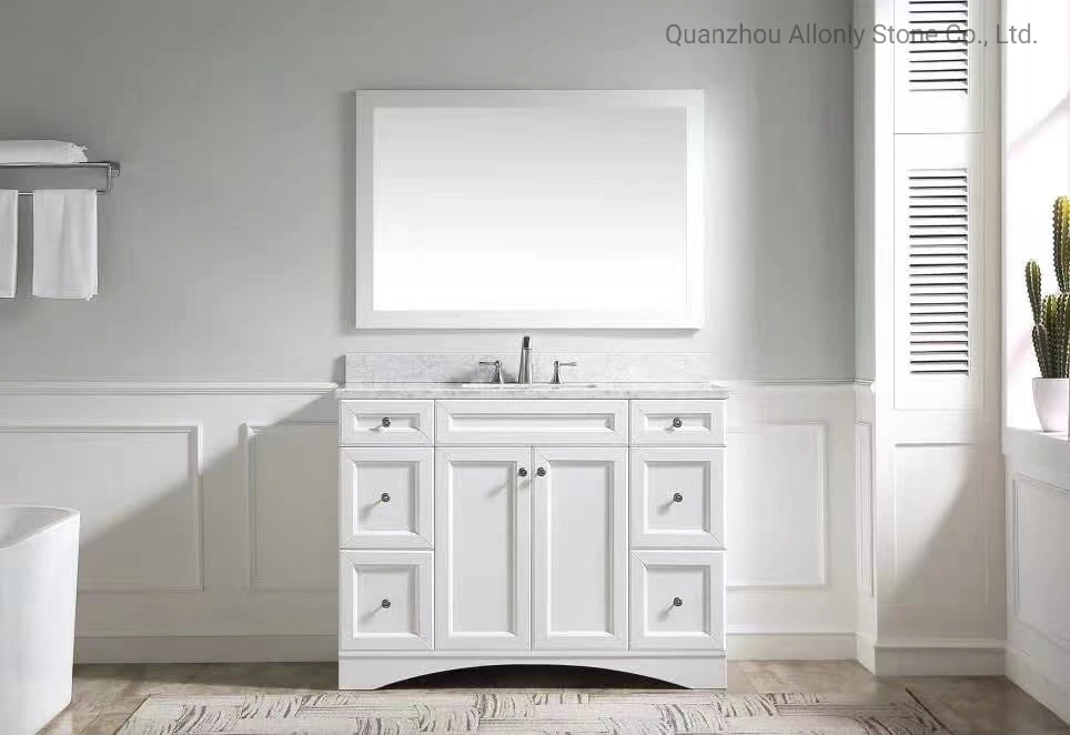 Quarto estilo Vanity Set Design com toucador de mármore Natural Carrara White Topo e dissipador de cerâmica