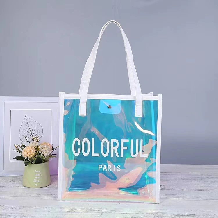 BSCI, SGS Factory 100% Recycled PVC Tote Bag with Handles Fashionable Ladies Clear PVC Shopping Bag Waterproof Transparent Plastic Beach Shoulder Bag