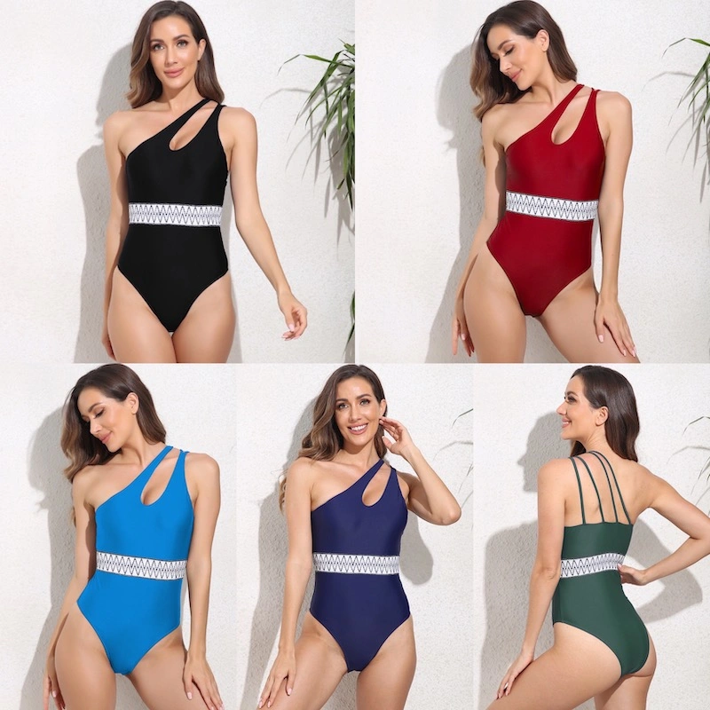 Wholesale New Designe High Cut Asymmetric Shoulder Thong Swimming Wear for Women, Sexy Solid Colors Tummy Control One Piece Slimming Swimsuits