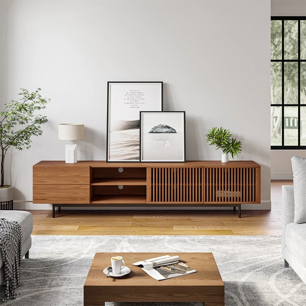 Povison Modern Louvered TV Stand, with Solid Wood Slatted Doors, Open Storage Furniture