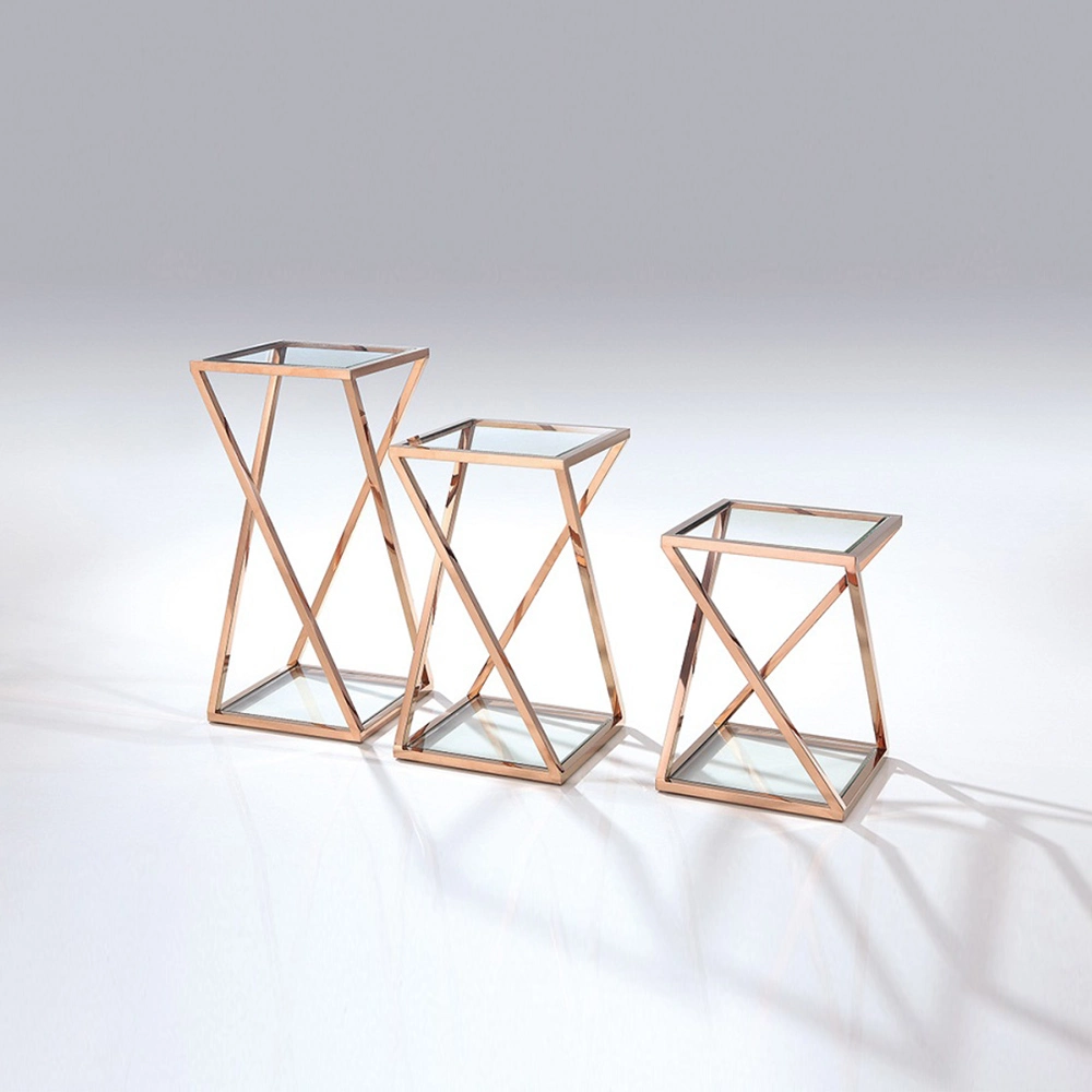 Hogar moderno mobiliario de jardín 3 piezas de acero inoxidable mesa de cristal Sala de estar de pie de la flor