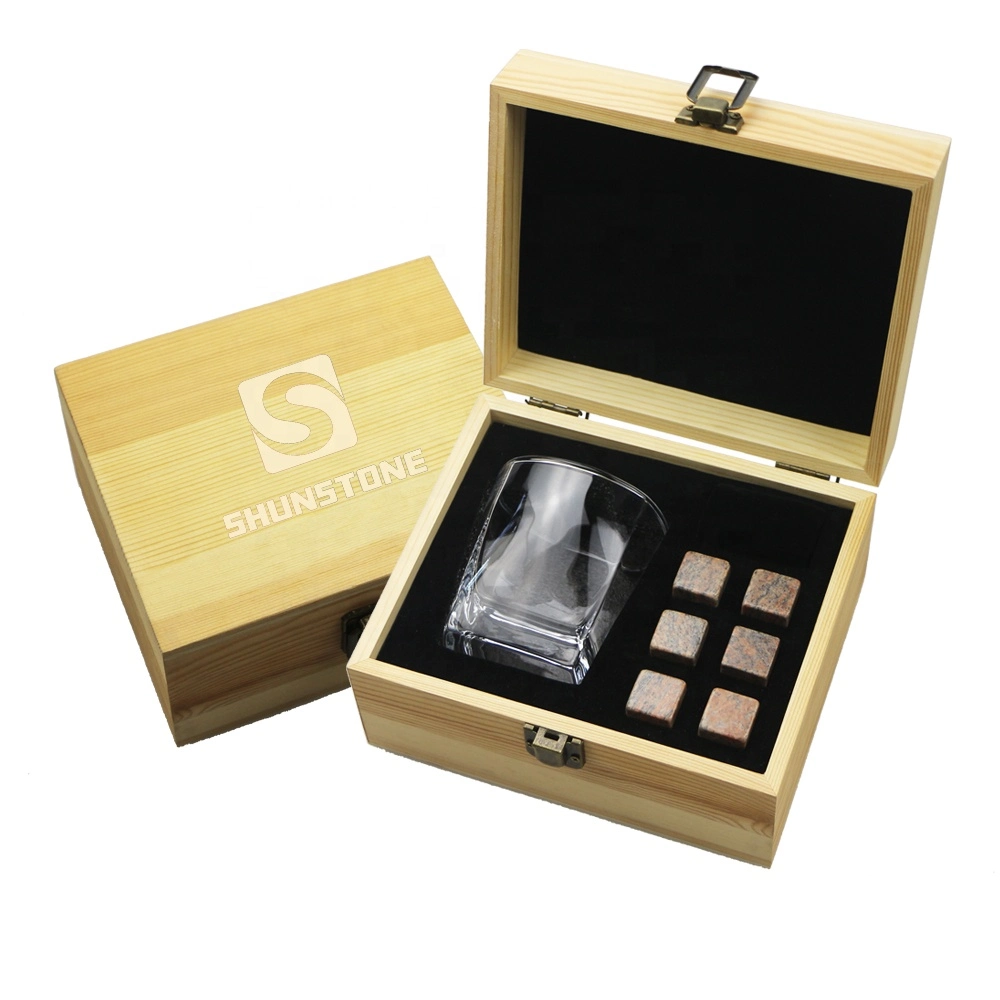 6 Whiskey Stones Gift Set with Velvet Bag and Glass with Customized Logo on The Pine Wood Gift Box